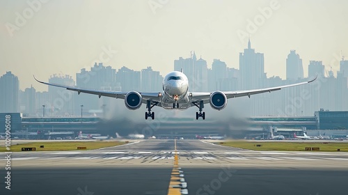 Airplane Taking Off on Runway with City Skyline in Background