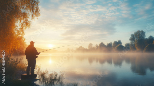 Fisherman standing by a misty lake at sunrise, casting his line