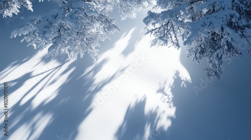 Pristine Winter Wonderland: Snow-Covered Trees and Long Shadows