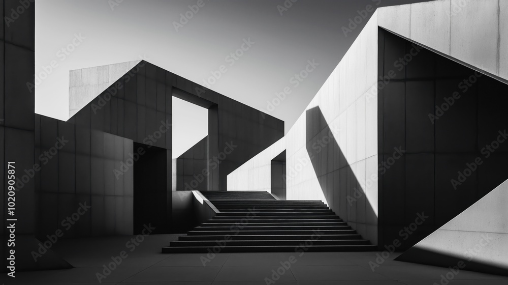 Fototapeta premium Monochromatic architectural design with geometric shapes, open spaces, and strong contrasts of light and shadow.