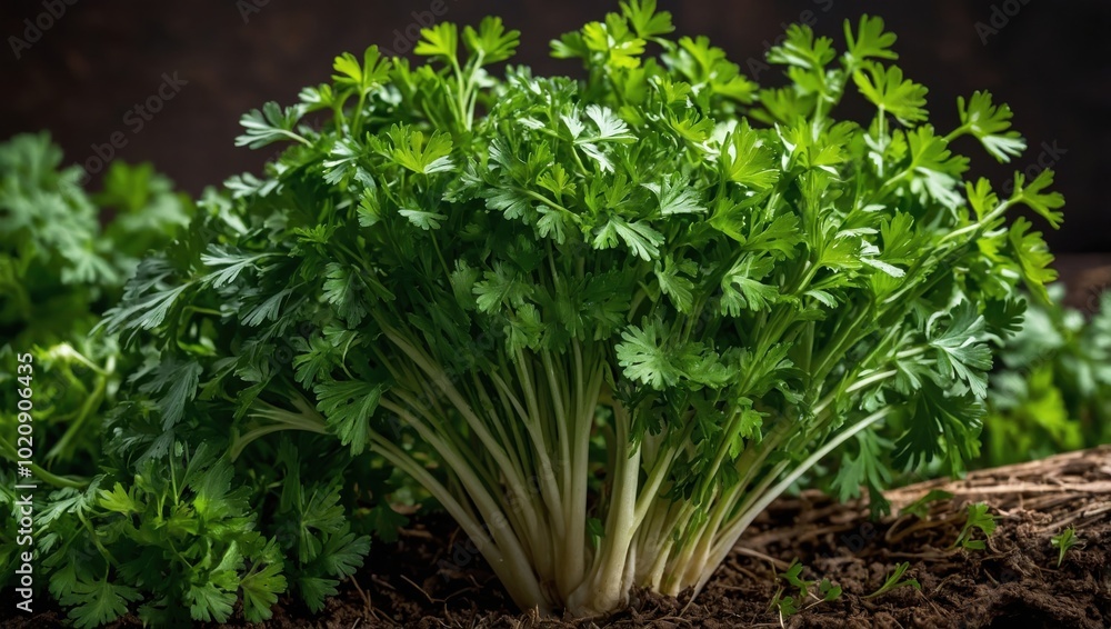 Close-up of parsley on a wooden table Close-up of parsley on a wooden table