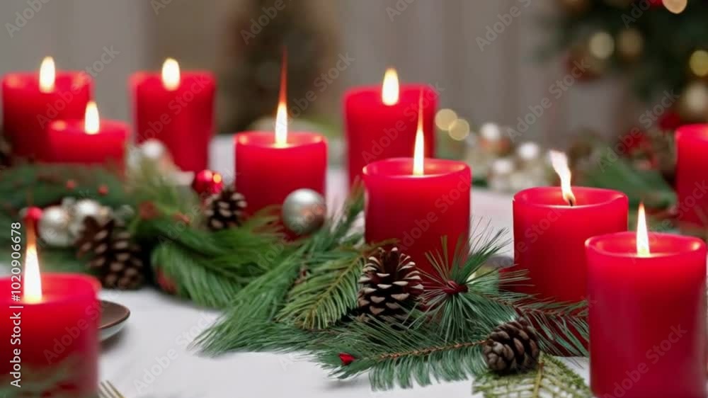 An elegant Christmas table is adorned with red candles, beautifully complemented decorations in shades of red, green, and white. An elegant Christmas table is adorned with red candles, beautifully complemented decorations in shades of red, green, and white.