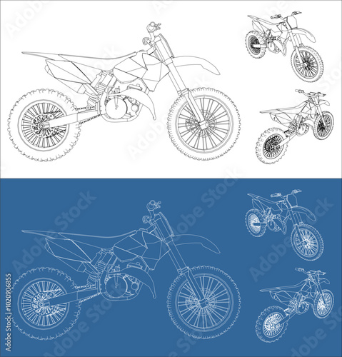 motocross trail motorcycle line art draw blueprint wireframe from all view top corner side back isolated in transparent background
