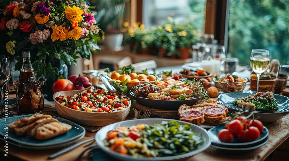 A Rustic Table Spread with Various Dishes and Flowers A Rustic Table Spread with Various Dishes and Flowers