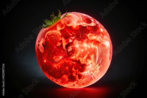 Full red strawberry supermoon halo glowing on black night sky background Close-Up
