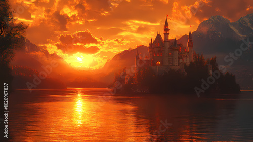 old castle with fantasy sunset