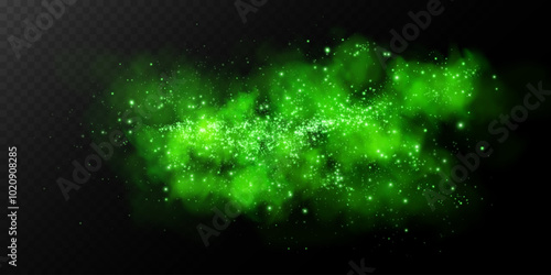 Fantastic smoke background. Magic smoke with glitter and small particles of twinkling stars, fog with glowing particles, green vapour with stardust. Vector illustration.	