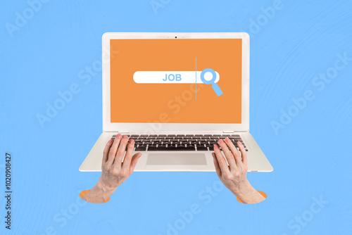 Creative trend collage of netbook browser online job search vacancy recruitment hiring freak bizarre unusual fantasy photo