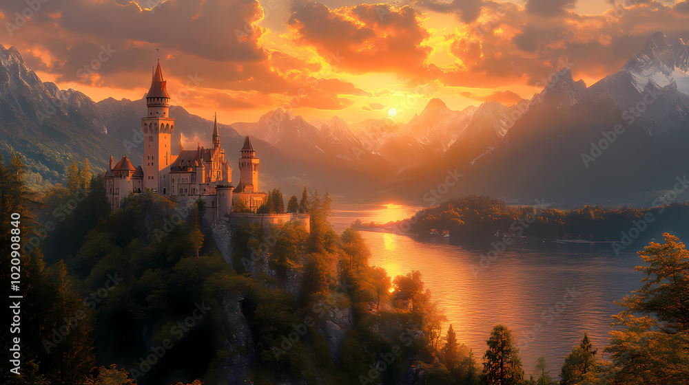Naklejka premium old castle with fantasy sunset