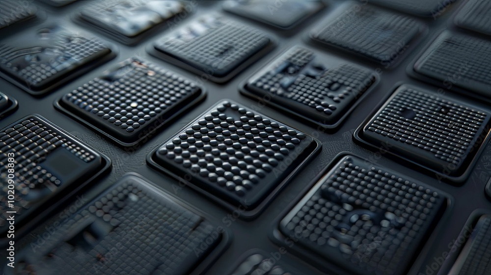 Close-up of a Grid of Black Square Buttons with Dotted Surfaces Close-up of a Grid of Black Square Buttons with Dotted Surfaces