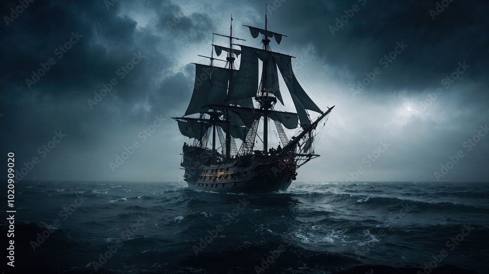A large ship is gracefully floating on the calm ocean at night A large ship is gracefully floating on the calm ocean at night