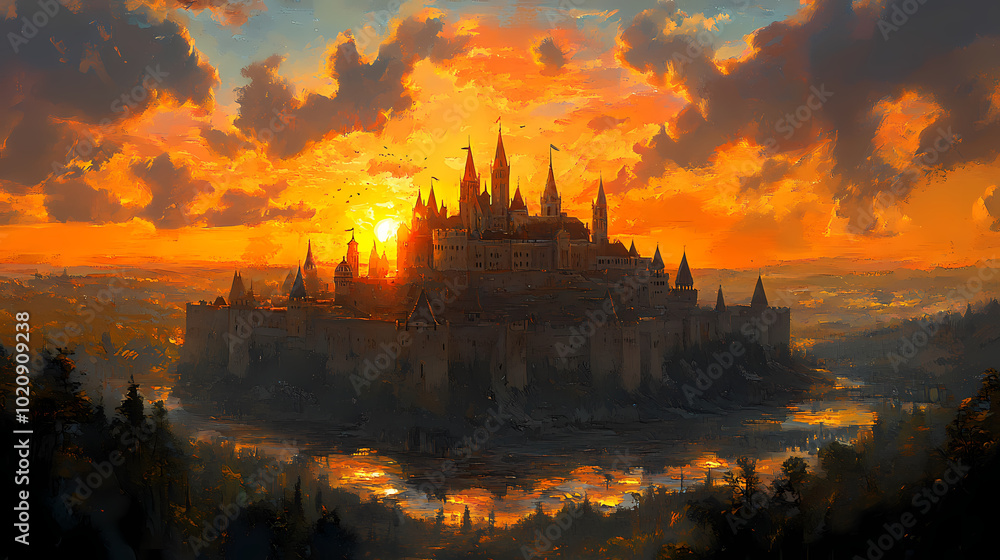 Naklejka premium old castle with fantasy sunset