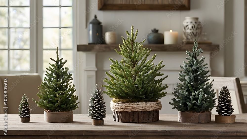 Home decoration for the New Year holidays: several small Christmas trees stand on the table, not yet decorated for the New Year Home decoration for the New Year holidays: several small Christmas trees stand on the table, not yet decorated for the New Year