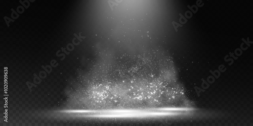 Dark stage on transparent background, white light from spotlight, empty dark stage and studio room with floating smoke with fine dust particles. For product demonstration.	