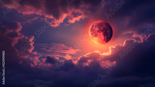 Lunar Eclipse with Red Moon: A beautiful red moon during a lunar eclipse. photo