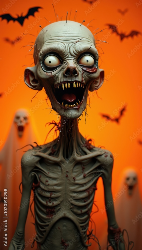 Goofy zombie with missing jaw and exaggerated eyebrows on orange background with ghosts and bats. Goofy zombie with missing jaw and exaggerated eyebrows on orange background with ghosts and bats.