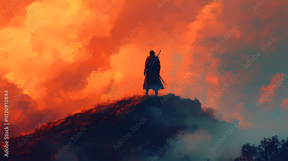 Fototapeta premium warrior or man standing on fantasy hill