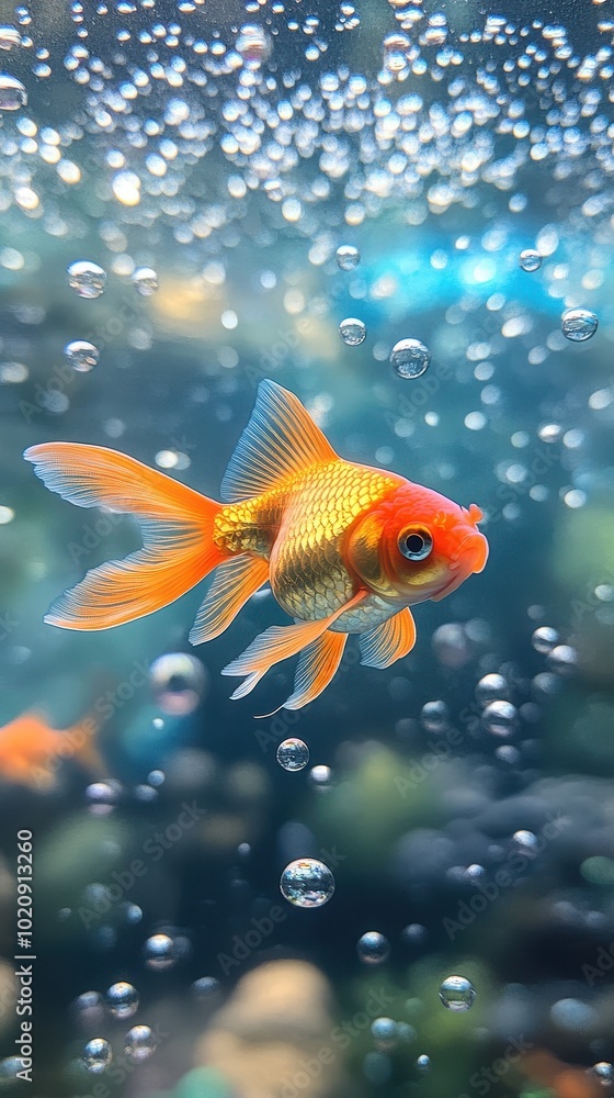Graceful Orange Goldfish Swimming Underwater Bubbles Graceful Orange Goldfish Swimming Underwater Bubbles