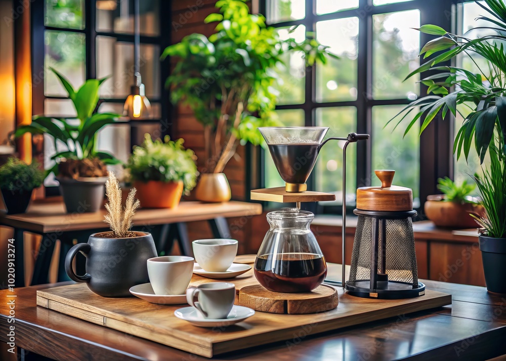 In a Japanese cafe, enjoy the art of drip coffee, where each pour embodies calmness, inviting you to savor the quiet and rich flavors. In a Japanese cafe, enjoy the art of drip coffee, where each pour embodies calmness, inviting you to savor the quiet and rich flavors.
