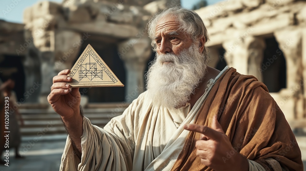 Elderly man with white beard holding a triangular piece with geometric design, standing in ancient stone setting Elderly man with white beard holding a triangular piece with geometric design, standing in ancient stone setting