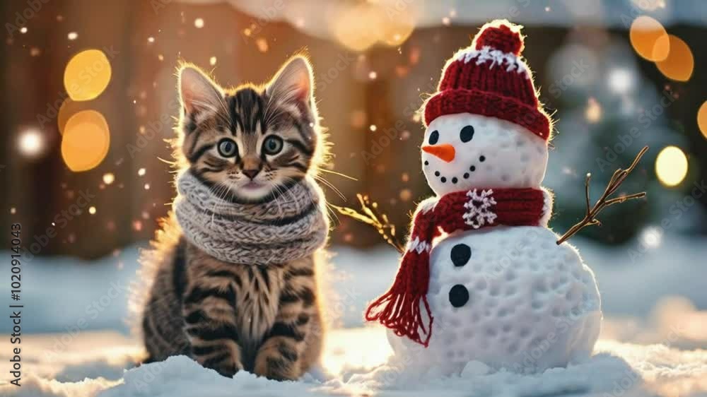 Cute Kitten and Snowman: Adorable Christmas Scene in a Festive Winter Wonderland Cute Kitten and Snowman: Adorable Christmas Scene in a Festive Winter Wonderland