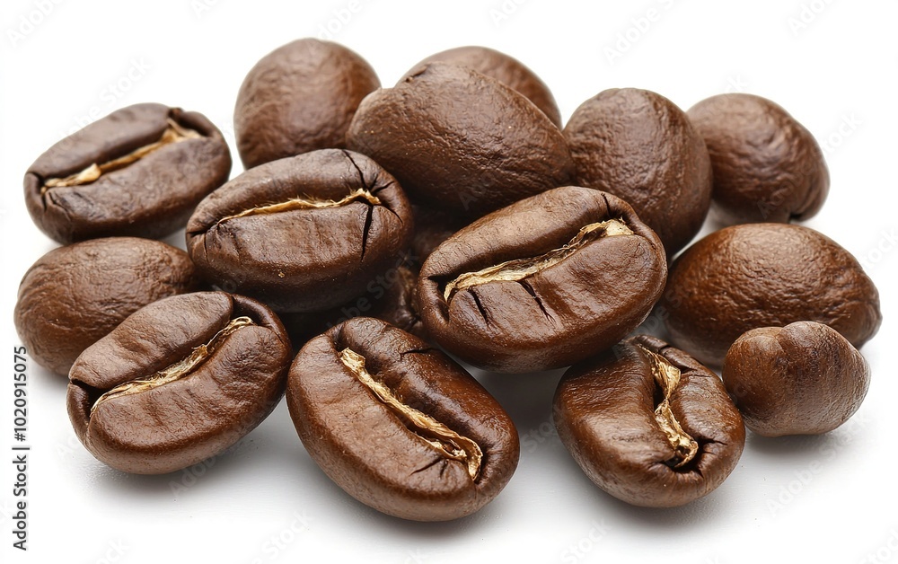 Freshly roasted coffee beans arranged artistically on a white background highlighting their rich color and texture Freshly roasted coffee beans arranged artistically on a white background highlighting their rich color and texture