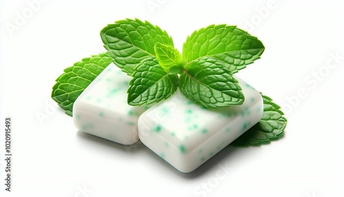 Two chewing gum pieces with fresh mint leaves, isolated on white background