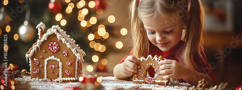 A little girl is making a gingerbread house with a beautiful Christmas background photo