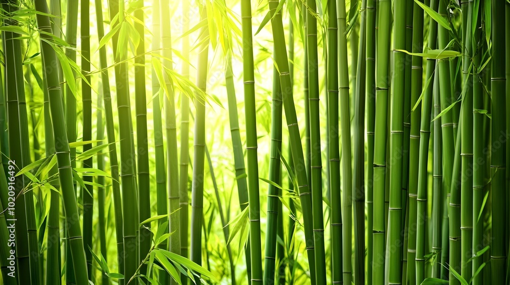 Fototapeta premium Lush Bamboo Forest with Serene Sunlight Beams