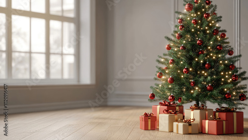 A miniature Christmas tree with gifts and a small house, placed on snow with a blue background.