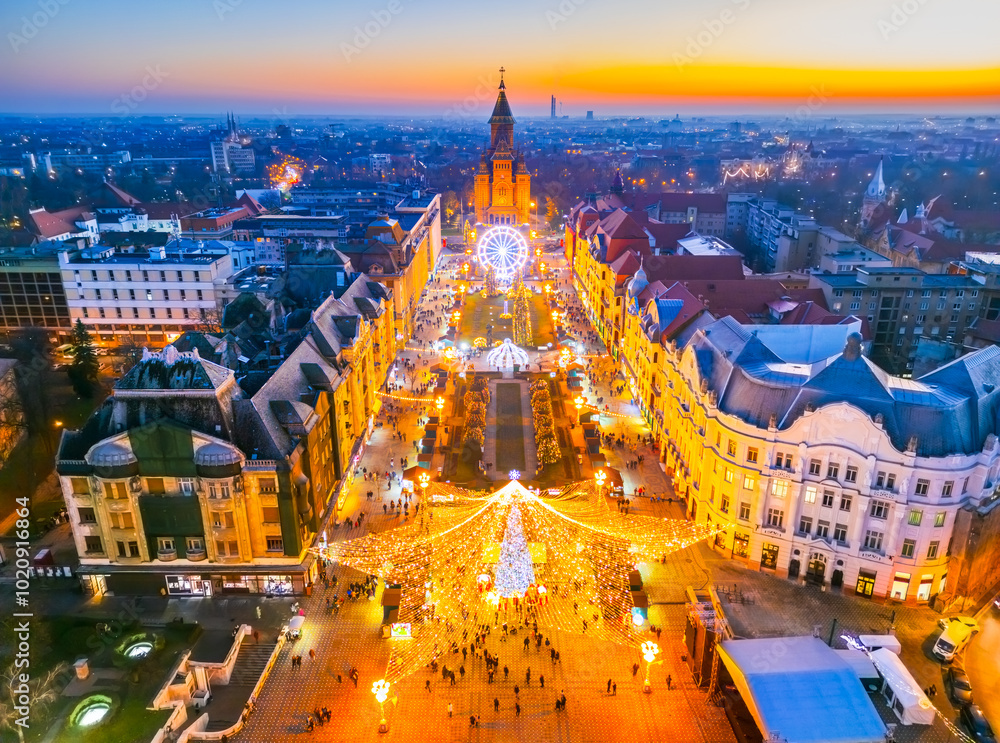 Timisoara, Romania. Aerial view of beautiful Christmas Market in Eastern Europe