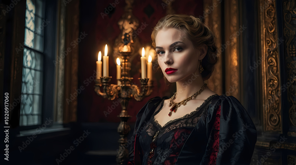 Fototapeta premium Elegant Vampire Woman In Vintage Gothic Fashion With Candlelit Background