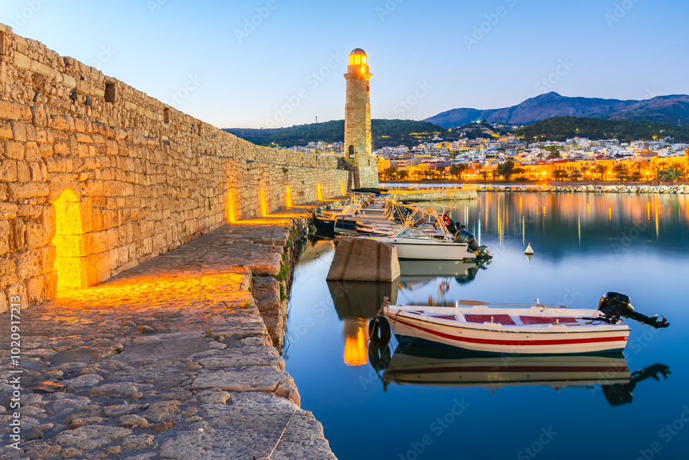 Rethymno, Crete - Greece. Morning view of the old venetian harbor and Venetian Fortezza Castle.