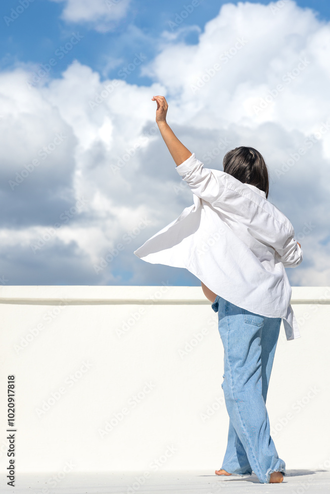 Joyful pregnant woman on the background of the sky. Concept of pregnancy. Joyful pregnant woman on the background of the sky. Concept of pregnancy.