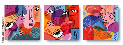 Colorful abstract background of faces. Vector design of geometric shapes and lines in the cubist style