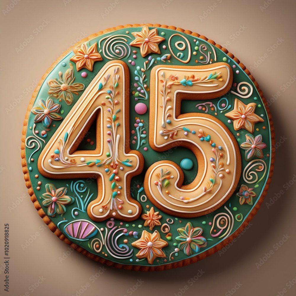 Decorated cookie, number 45, illustration for birthday or anniversary celebration Decorated cookie, number 45, illustration for birthday or anniversary celebration