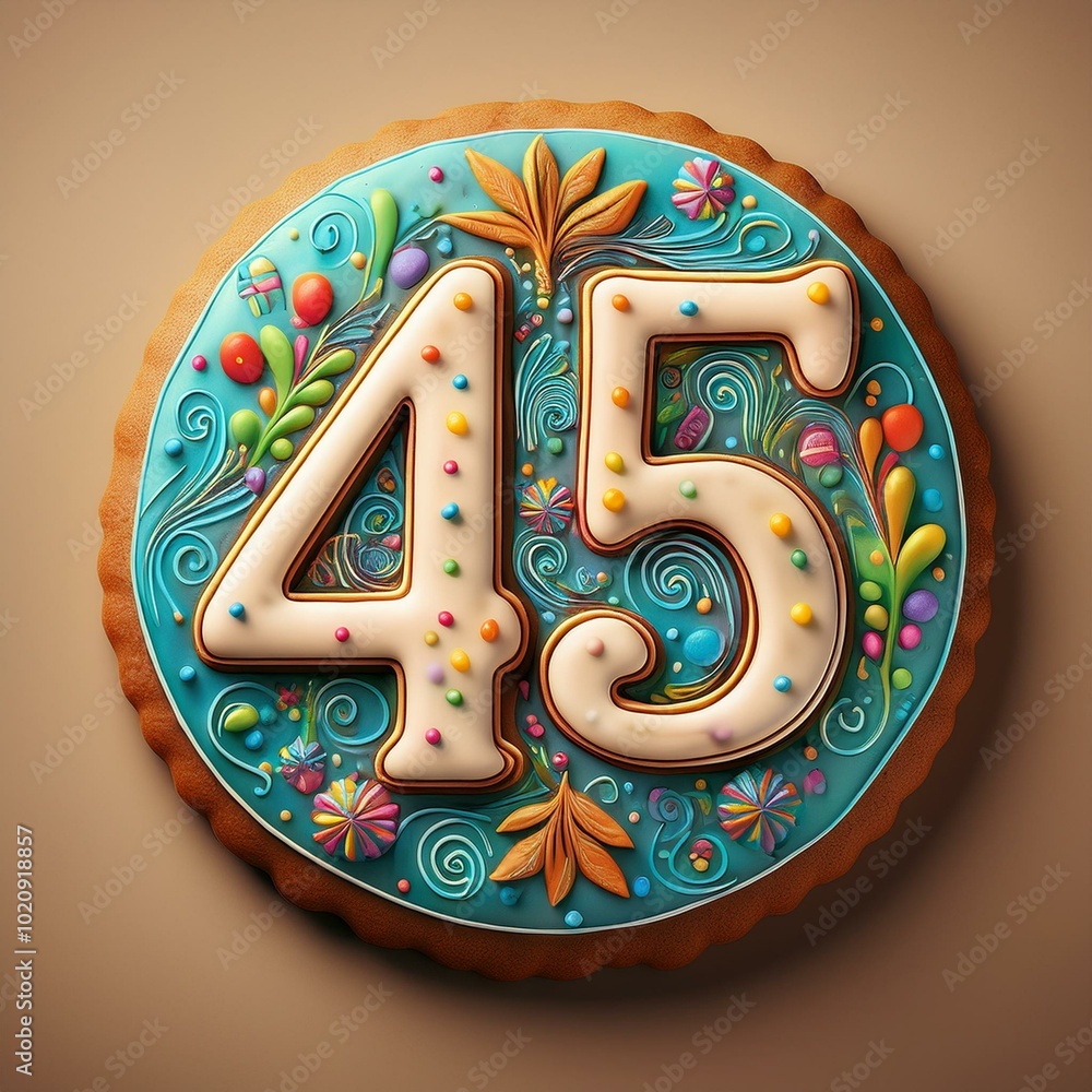 Decorated cookie, number 45, illustration for birthday or anniversary celebration Decorated cookie, number 45, illustration for birthday or anniversary celebration