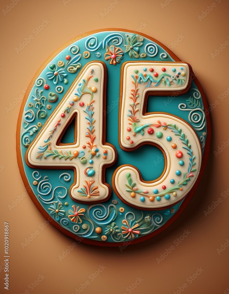 Decorated cookie, number 45, illustration for birthday or anniversary celebration Decorated cookie, number 45, illustration for birthday or anniversary celebration