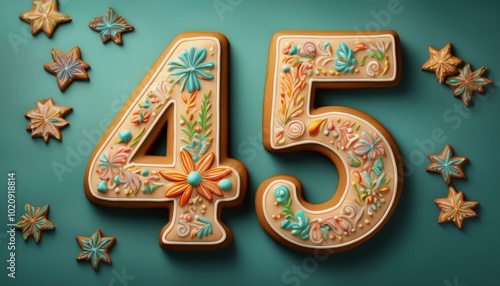 Decorated cookie, number 45, illustration for birthday or anniversary celebration