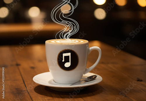 Low-Light Coffee Cup with Music Symbol on Wooden Surface: A Cozy Morning Drink