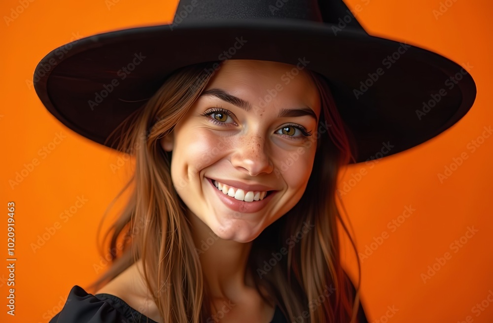 A smiling happy girl in a witch's fancy dress, free place for advertising in the photo with an attractive witch. orange background A smiling happy girl in a witch's fancy dress, free place for advertising in the photo with an attractive witch. orange background