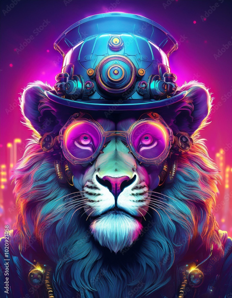 Cyberpunk lion with huge glasses and futuristic steampunk hat in sci-fi dystopia style, high contrast, hyper realistic, fantasy, bright colors, neon, purple, pink, blue Cyberpunk lion with huge glasses and futuristic steampunk hat in sci-fi dystopia style, high contrast, hyper realistic, fantasy, bright colors, neon, purple, pink, blue