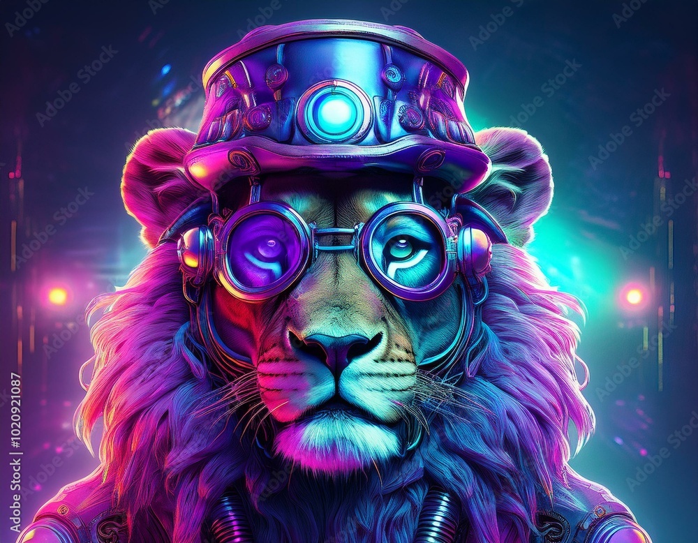 Cyberpunk lion with huge glasses and futuristic steampunk hat in sci-fi dystopia style, high contrast, hyper realistic, fantasy, bright colors, neon, purple, pink, blue Cyberpunk lion with huge glasses and futuristic steampunk hat in sci-fi dystopia style, high contrast, hyper realistic, fantasy, bright colors, neon, purple, pink, blue