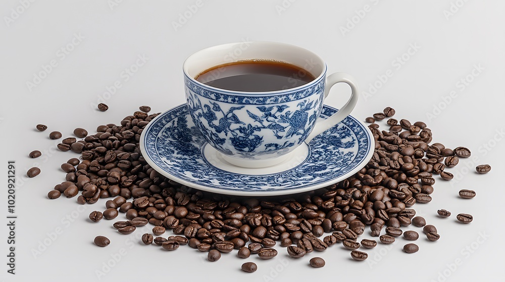 A cup of coffee and some coffee beans on the table, with a blue and white porcelain pattern and a dark brown bean spread around it A cup of coffee and some coffee beans on the table, with a blue and white porcelain pattern and a dark brown bean spread around it