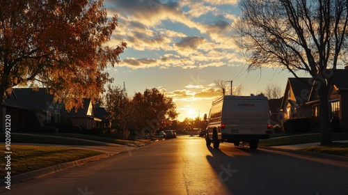 A delivery truck driving down a suburban street, on its way to complete a last-mile delivery photo