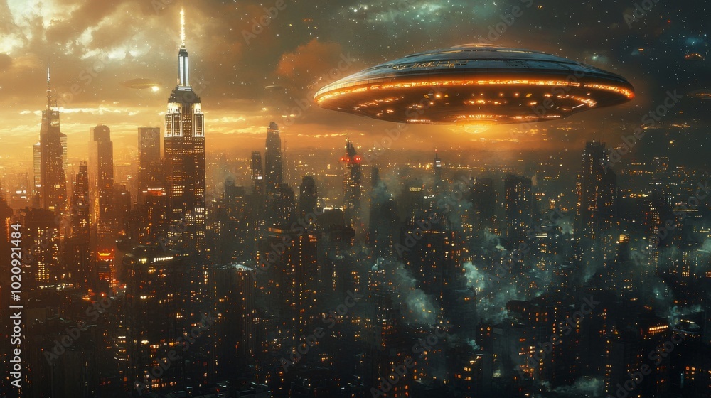 An alien spacecraft flying over a futuristic city on Earth An alien spacecraft flying over a futuristic city on Earth