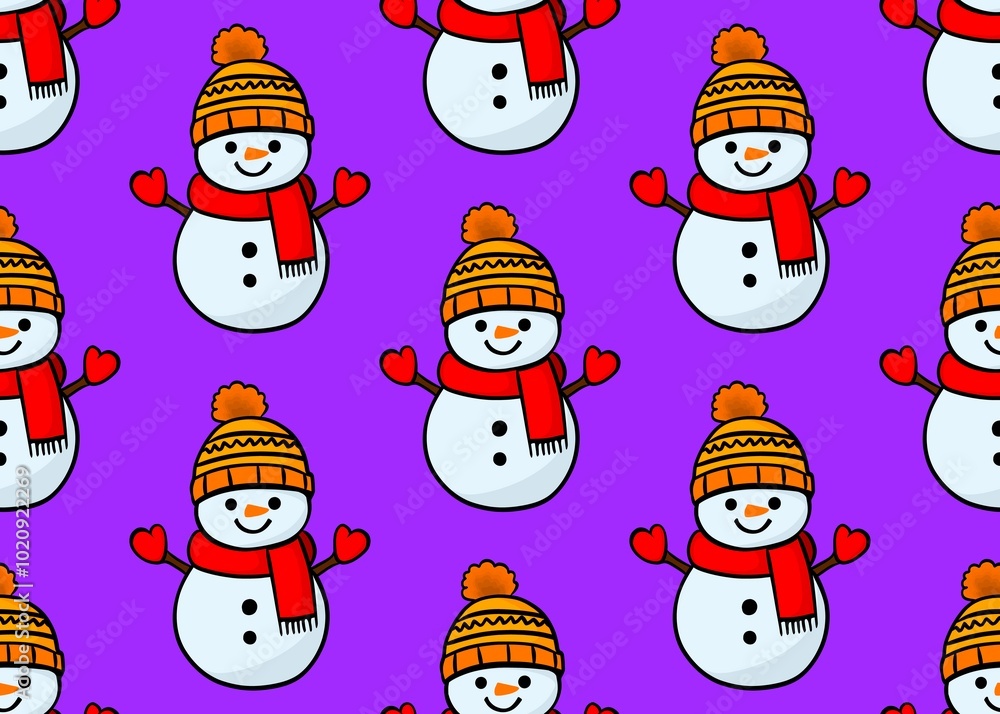 Winter pattern with a snowman on a purple background. Set with a snowman. Snowman in a hat and scarf. Winter pattern with a snowman on a purple background. Set with a snowman. Snowman in a hat and scarf.