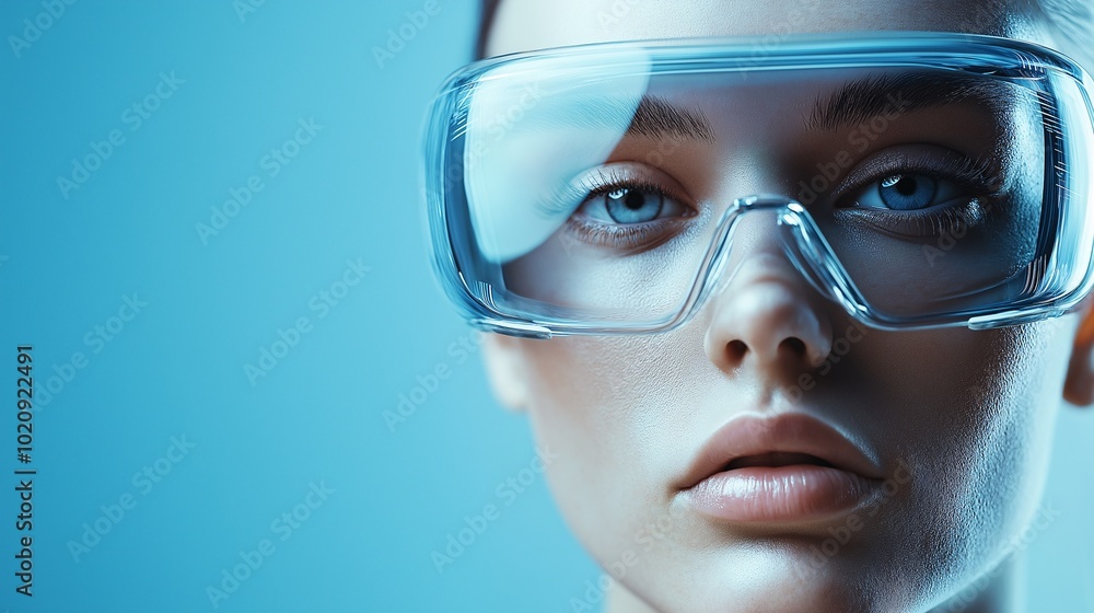 Young Woman in Protective Glasses with Blue Background Young Woman in Protective Glasses with Blue Background
