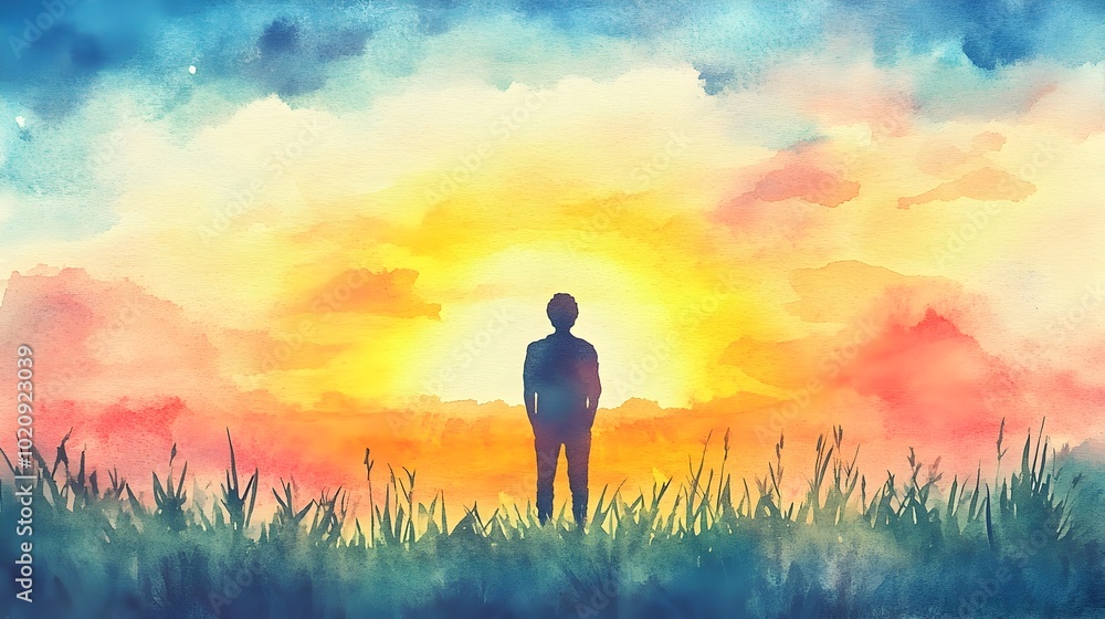 Fototapeta premium Watercolor Sunrise Silhouette of Leader Symbolizing New Beginnings and Leadership