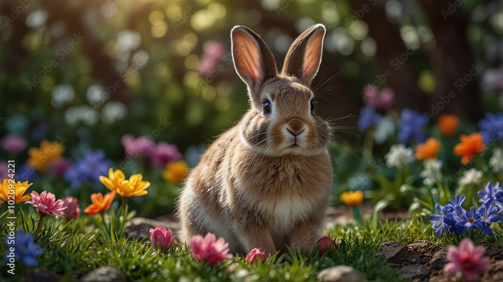 Fototapeta premium Photorealistic Easter Bunny Among Vibrant Spring Flowers